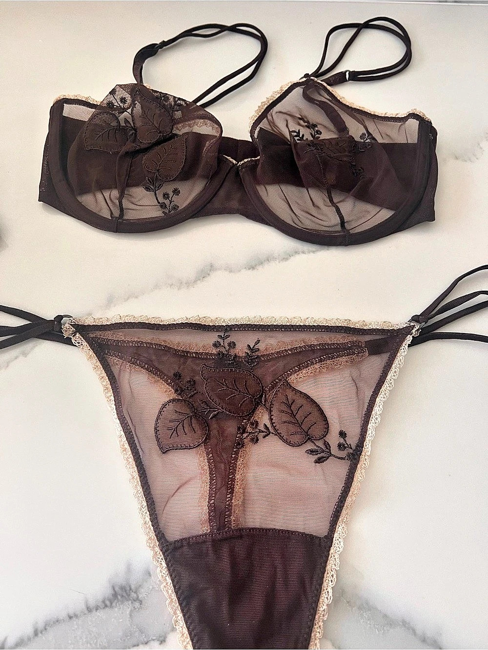 La Perla Brown Floral Bra & Thong Set